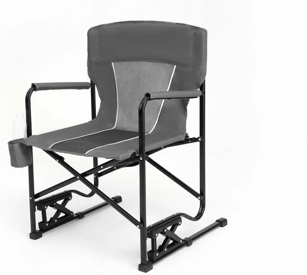Outdoor Freestyle Rocker Camping Chair, Cup Holder & Comfortable Backrest, High Back Heavy-Duty Lawn Chair, Portable Folding Rocking Chair with Solid Durable Armrests, Support 450LBS (Gray)