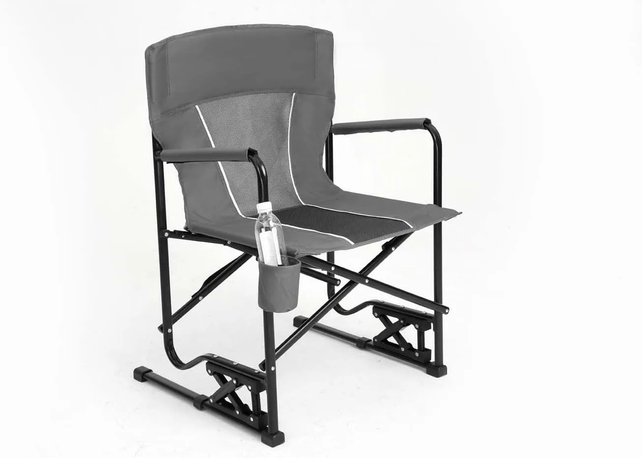 Outdoor Freestyle Rocker Camping Chair, Cup Holder & Comfortable Backrest, High Back Heavy-Duty Lawn Chair, Portable Folding Rocking Chair with Solid Durable Armrests, Support 450LBS (Gray)