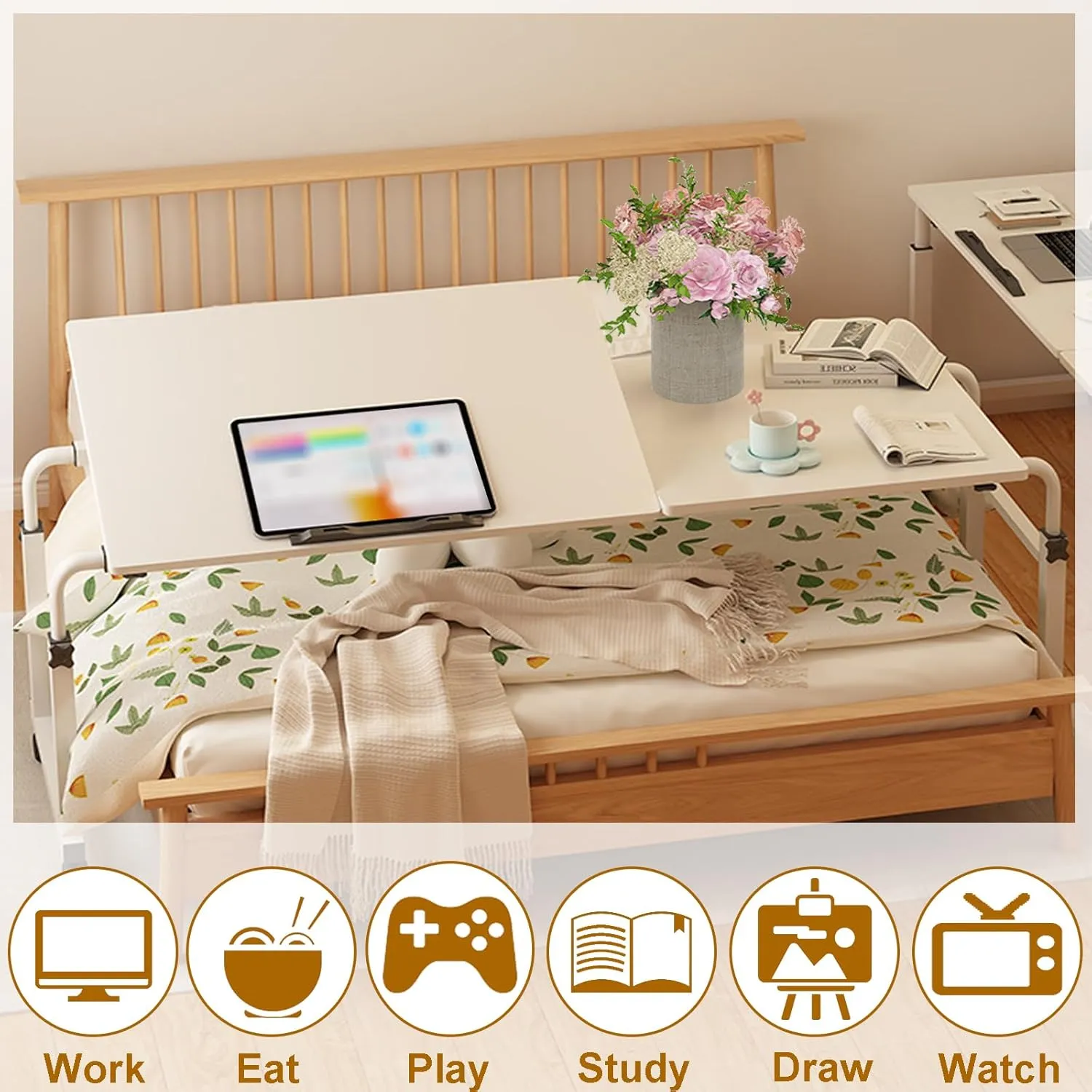 Overbed Desk with Wheels, Adjustable Height Over The Bed Table, King Queen Mobile Over Bed Desk, Overbed Table with Tiltable Tabletop for Laptop and Bedroom Work (White, 47 * 16IN Tiltable)