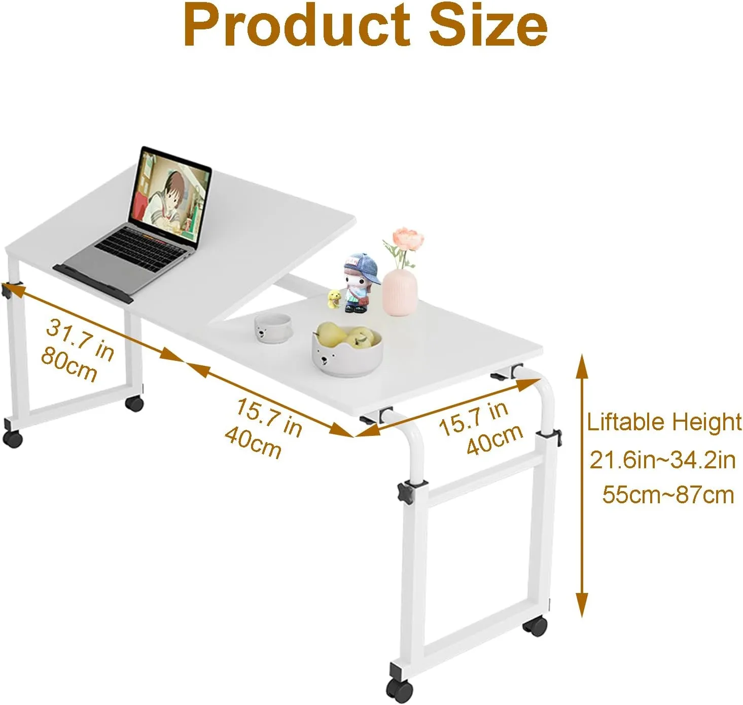 Overbed Desk with Wheels, Adjustable Height Over The Bed Table, King Queen Mobile Over Bed Desk, Overbed Table with Tiltable Tabletop for Laptop and Bedroom Work (White, 47 * 16IN Tiltable)