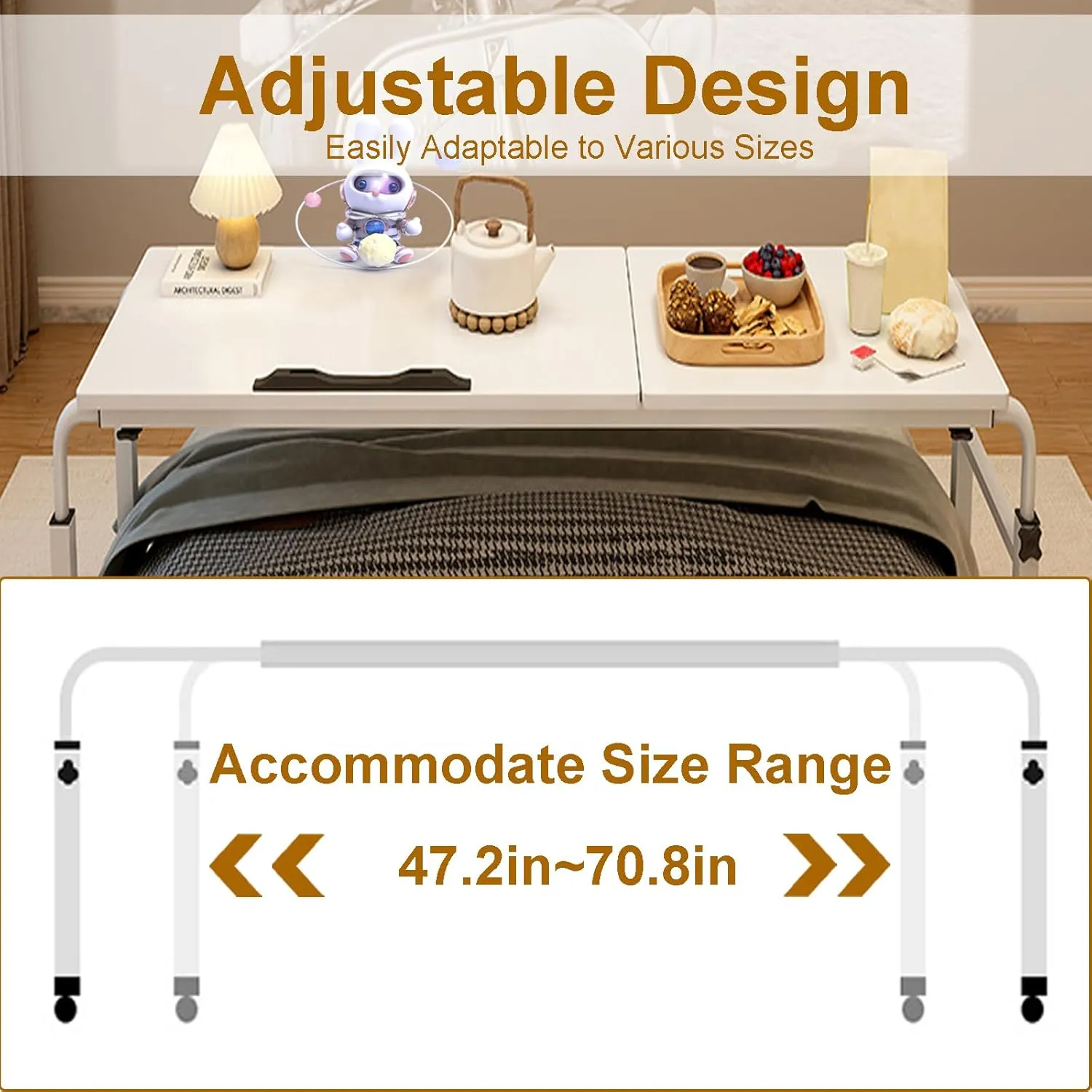 Overbed Desk with Wheels, Adjustable Height Over The Bed Table, King Queen Mobile Over Bed Desk, Overbed Table with Tiltable Tabletop for Laptop and Bedroom Work (White, 47 * 16IN Tiltable)