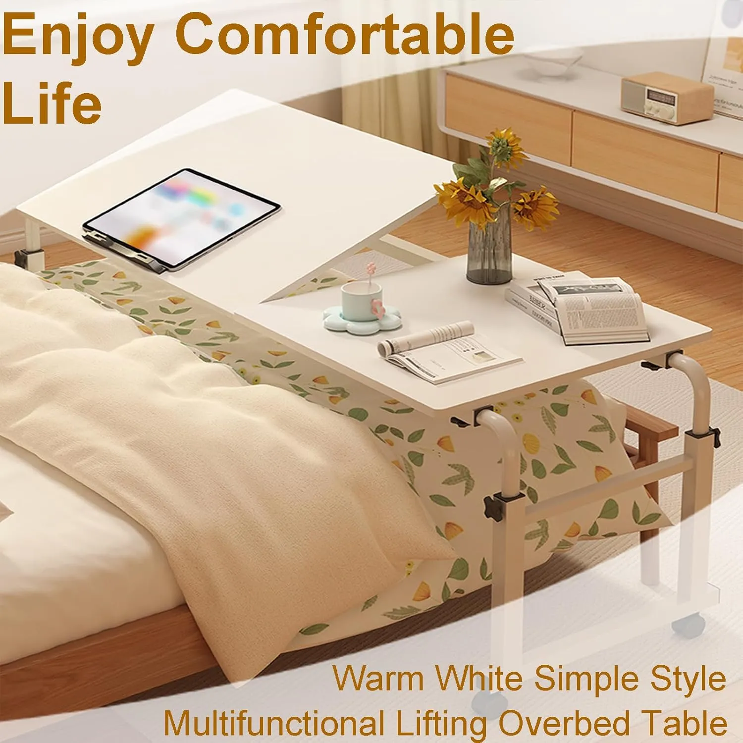 Overbed Desk with Wheels, Adjustable Height Over The Bed Table, King Queen Mobile Over Bed Desk, Overbed Table with Tiltable Tabletop for Laptop and Bedroom Work (White, 47 * 16IN Tiltable)