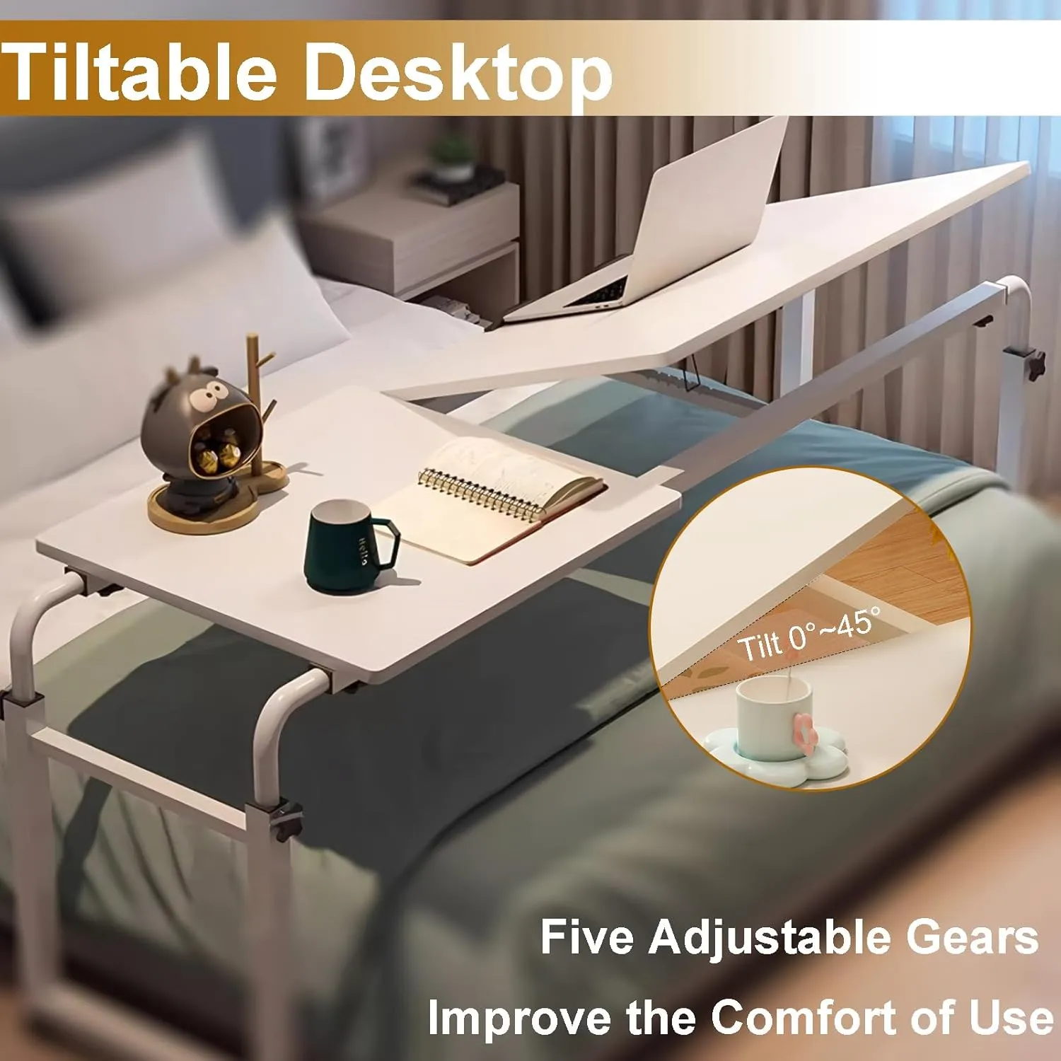Overbed Desk with Wheels, Adjustable Height Over The Bed Table, King Queen Mobile Over Bed Desk, Overbed Table with Tiltable Tabletop for Laptop and Bedroom Work (White, 47 * 16IN Tiltable)