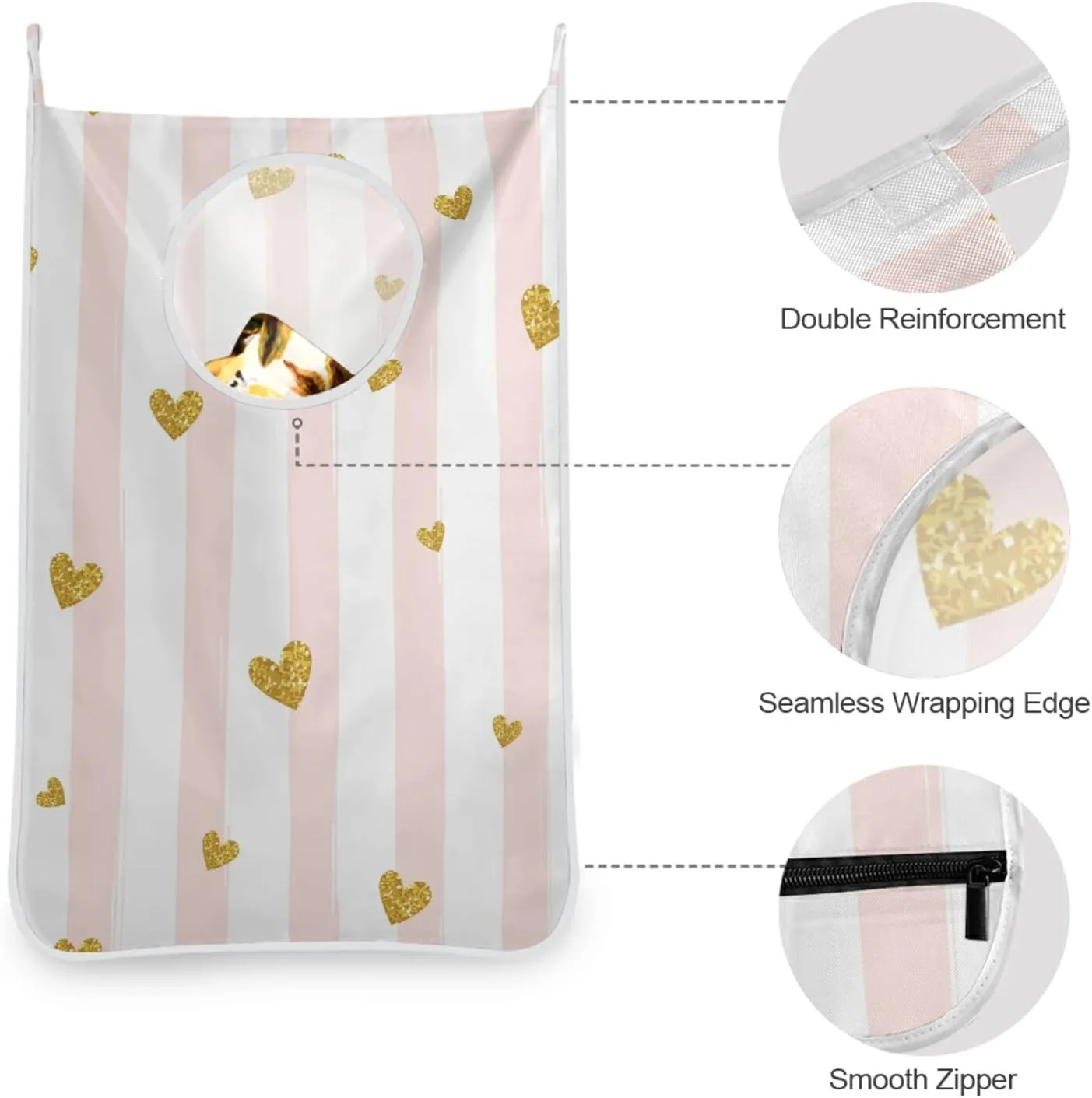 Oyihfvs Gold Glittering Heart Pink on White Stripes Background Hanging Laundry Hamper Bag, Dirty Clothes Basket Bag with Hooks Bag Space Saving, for Bathroom, Bedroom, Storage, Behind Doors