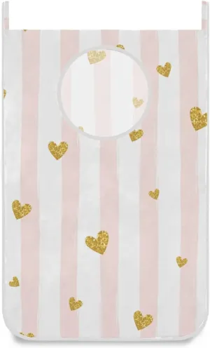 Oyihfvs Gold Glittering Heart Pink on White Stripes Background Hanging Laundry Hamper Bag, Dirty Clothes Basket Bag with Hooks Bag Space Saving, for Bathroom, Bedroom, Storage, Behind Doors