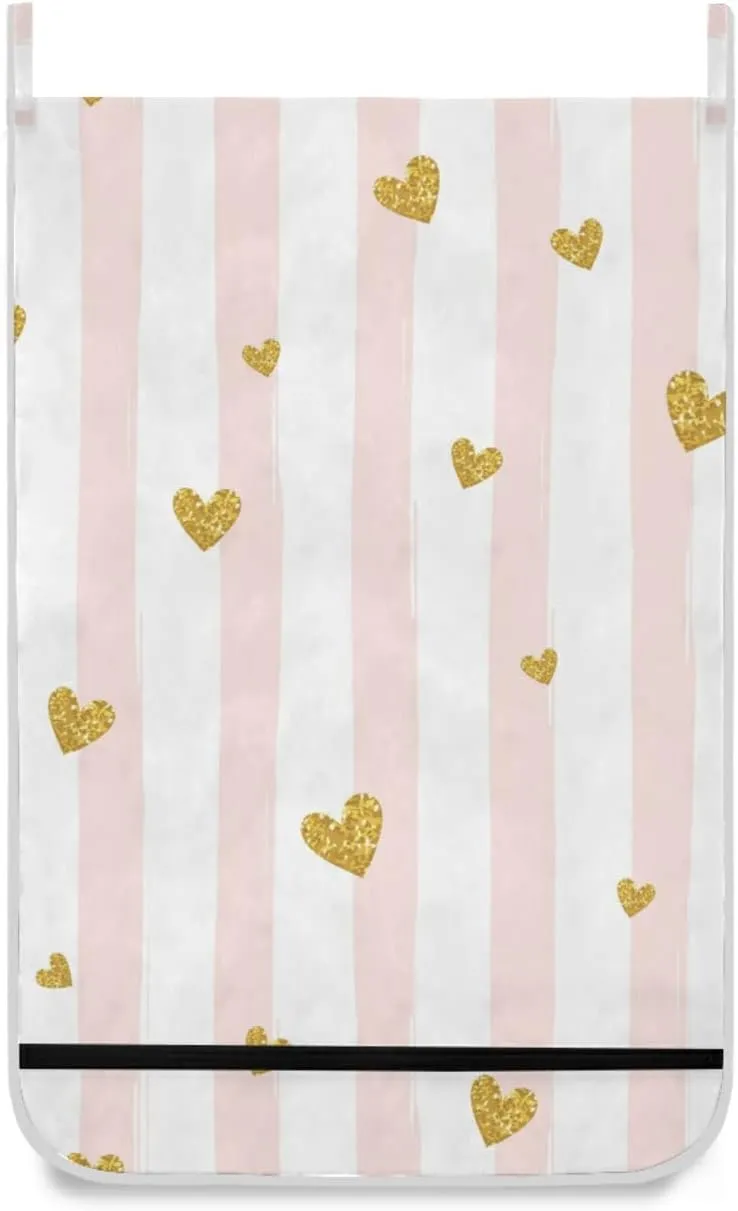 Oyihfvs Gold Glittering Heart Pink on White Stripes Background Hanging Laundry Hamper Bag, Dirty Clothes Basket Bag with Hooks Bag Space Saving, for Bathroom, Bedroom, Storage, Behind Doors