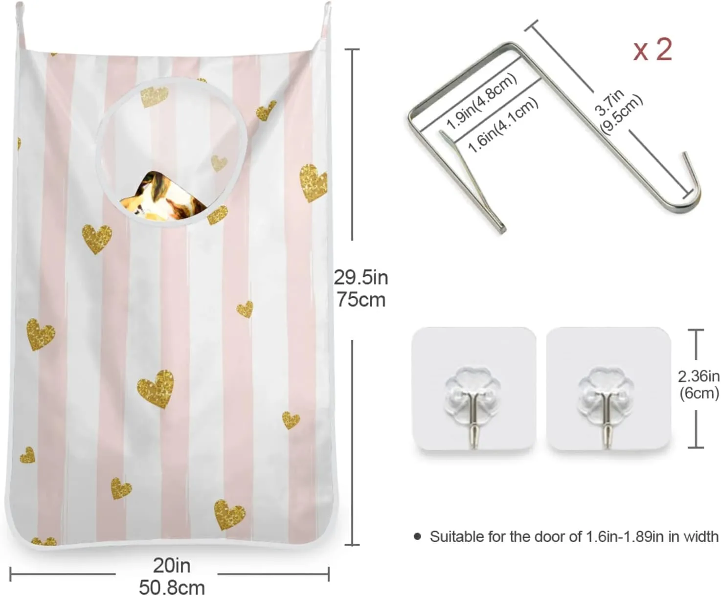 Oyihfvs Gold Glittering Heart Pink on White Stripes Background Hanging Laundry Hamper Bag, Dirty Clothes Basket Bag with Hooks Bag Space Saving, for Bathroom, Bedroom, Storage, Behind Doors