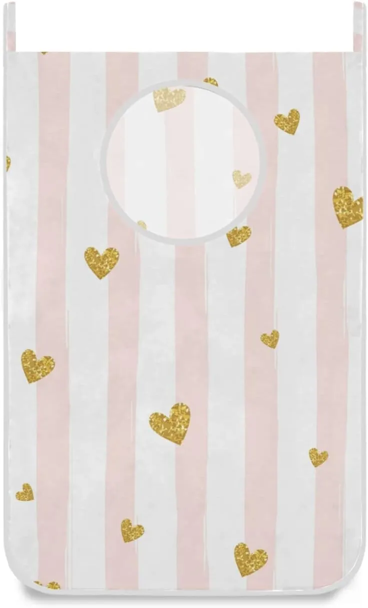 Oyihfvs Gold Glittering Heart Pink on White Stripes Background Hanging Laundry Hamper Bag, Dirty Clothes Basket Bag with Hooks Bag Space Saving, for Bathroom, Bedroom, Storage, Behind Doors