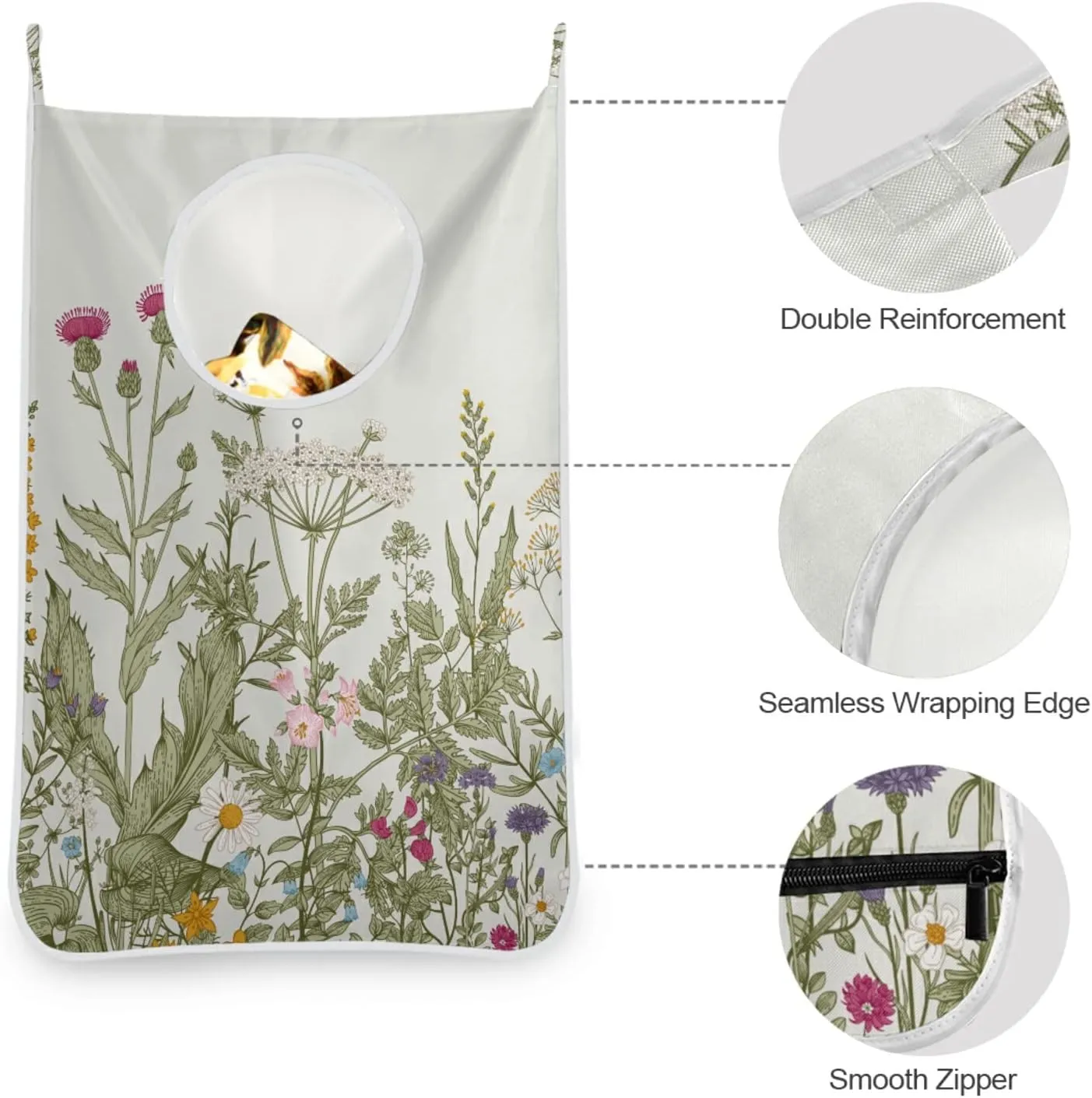Oyihfvs Seamless Floral Herbs and Wildflowers Botanical Pattern Hanging Laundry Hamper Bag, Dirty Clothes Basket Bag with Hooks Bag Space Saving, for Bathroom, Bedroom, Storage, Behind Doors