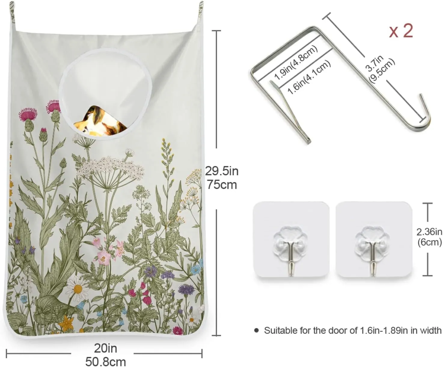 Oyihfvs Seamless Floral Herbs and Wildflowers Botanical Pattern Hanging Laundry Hamper Bag, Dirty Clothes Basket Bag with Hooks Bag Space Saving, for Bathroom, Bedroom, Storage, Behind Doors