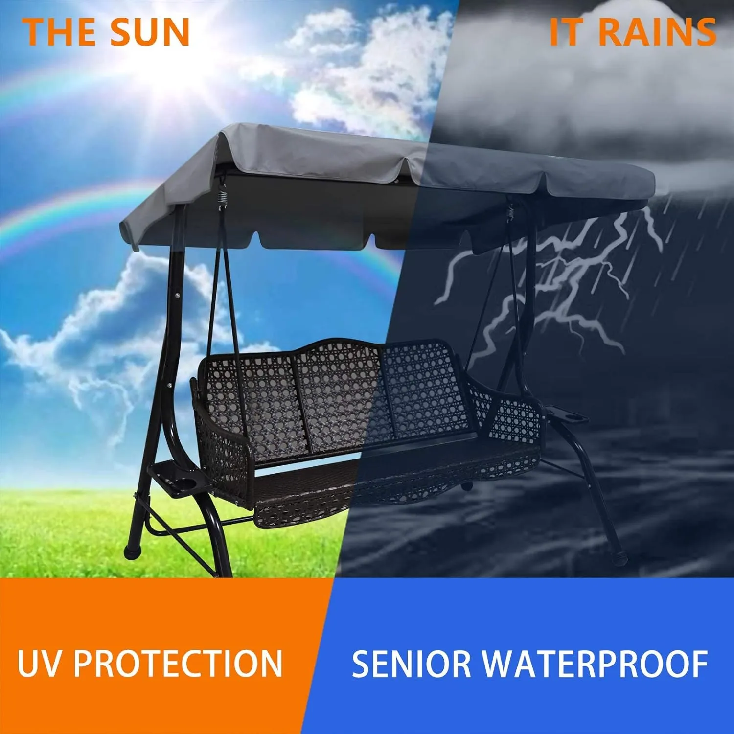 Patio Swing Chair Canopy Replacement,3 Seat Outdoor Porch Swing Seat Canopy Cover,Waterproof Windproof Anti-UV Heavy Duty Rip Proof Garden Hammock Top Cover,Garden Furniture Cover Outdoors,S