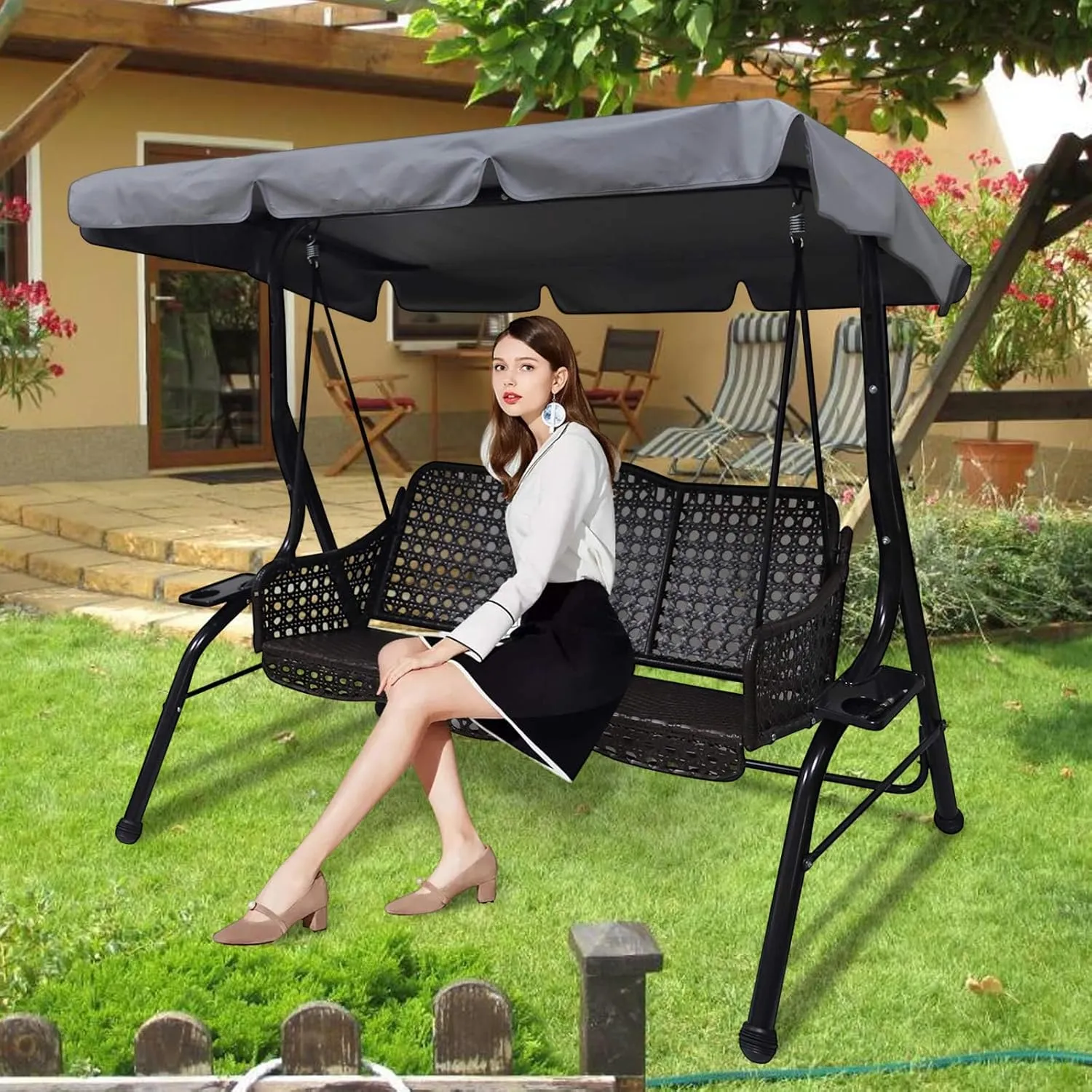 Patio Swing Chair Canopy Replacement,3 Seat Outdoor Porch Swing Seat Canopy Cover,Waterproof Windproof Anti-UV Heavy Duty Rip Proof Garden Hammock Top Cover,Garden Furniture Cover Outdoors,S