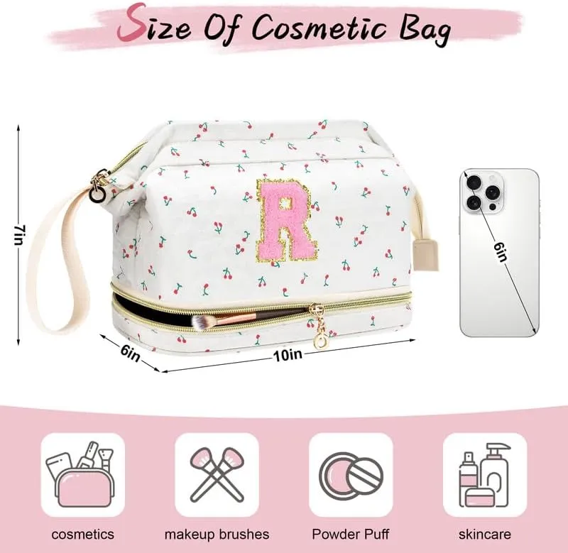 Personalized Makeup Bag Initial Graduation Gifts, Teen Girl Gifts Trendy Stuff Cosmetic Bag, Teacher Appreciation Gift, Travel Make up Bag for Women Dance Recital Gift for Girls - Cherry A