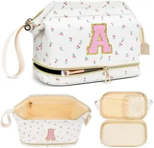 Personalized Makeup Bag Initial Graduation Gifts, Teen Girl Gifts Trendy Stuff Cosmetic Bag, Teacher Appreciation Gift, Travel Make up Bag for Women Dance Recital Gift for Girls - Cherry A