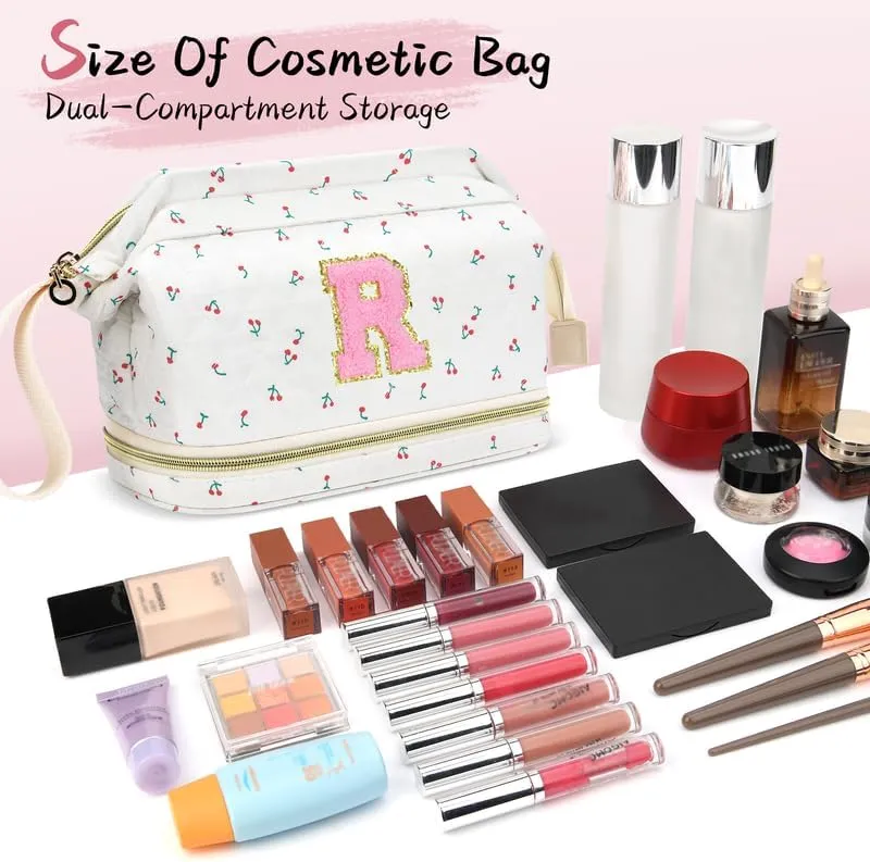 Personalized Makeup Bag Initial Graduation Gifts, Teen Girl Gifts Trendy Stuff Cosmetic Bag, Teacher Appreciation Gift, Travel Make up Bag for Women Dance Recital Gift for Girls - Cherry A