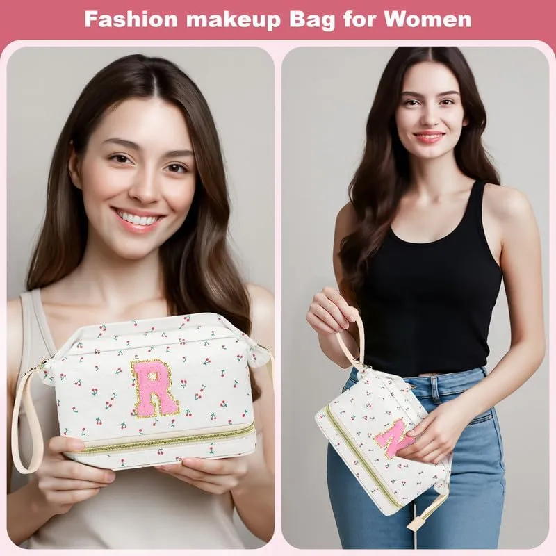 Personalized Makeup Bag Initial Graduation Gifts, Teen Girl Gifts Trendy Stuff Cosmetic Bag, Teacher Appreciation Gift, Travel Make up Bag for Women Dance Recital Gift for Girls - Cherry A
