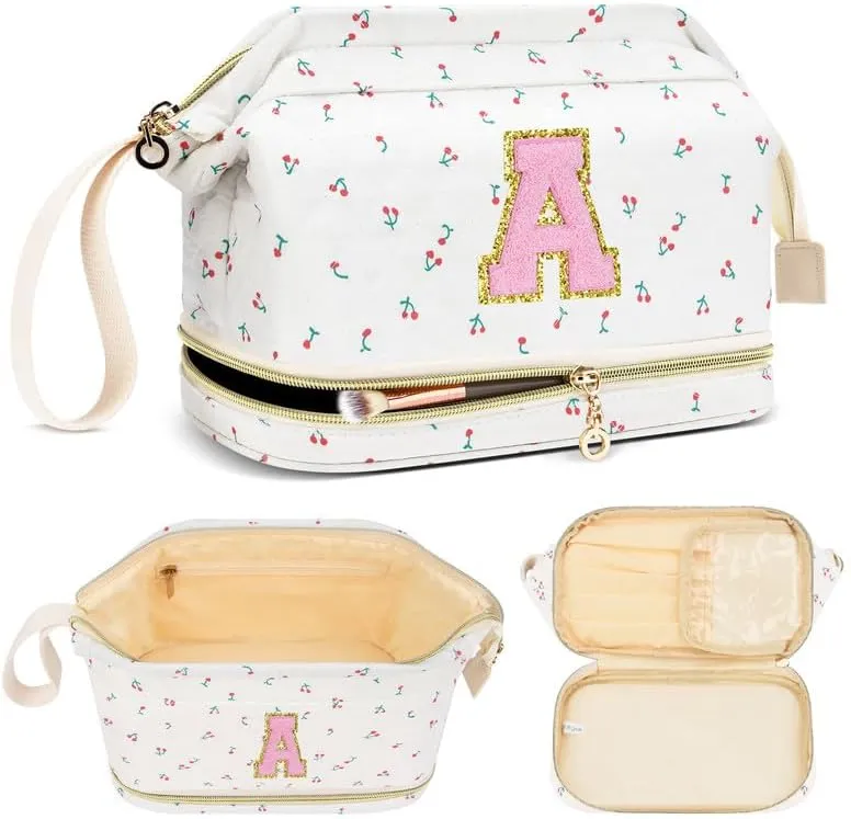 Personalized Makeup Bag Initial Graduation Gifts, Teen Girl Gifts Trendy Stuff Cosmetic Bag, Teacher Appreciation Gift, Travel Make up Bag for Women Dance Recital Gift for Girls - Cherry A