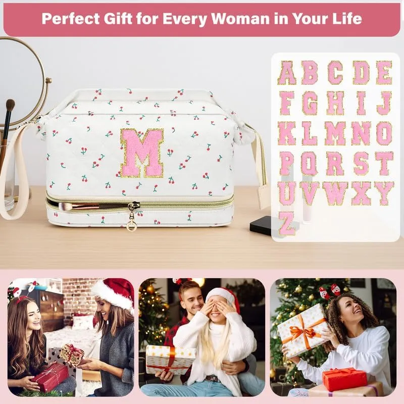Personalized Makeup Bag Initial Graduation Gifts, Teen Girl Gifts Trendy Stuff Cosmetic Bag, Teacher Appreciation Gift, Travel Make up Bag for Women Dance Recital Gift for Girls - Cherry A