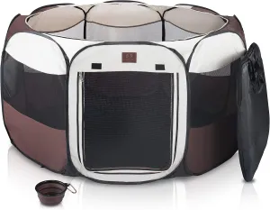 Portable Foldable Playpen Exercise Kennel Dogs Cats Indoor/outdoor Removable Mesh Shade Cover, Carrying Case & Collapsible Travel Bowl (Large)
