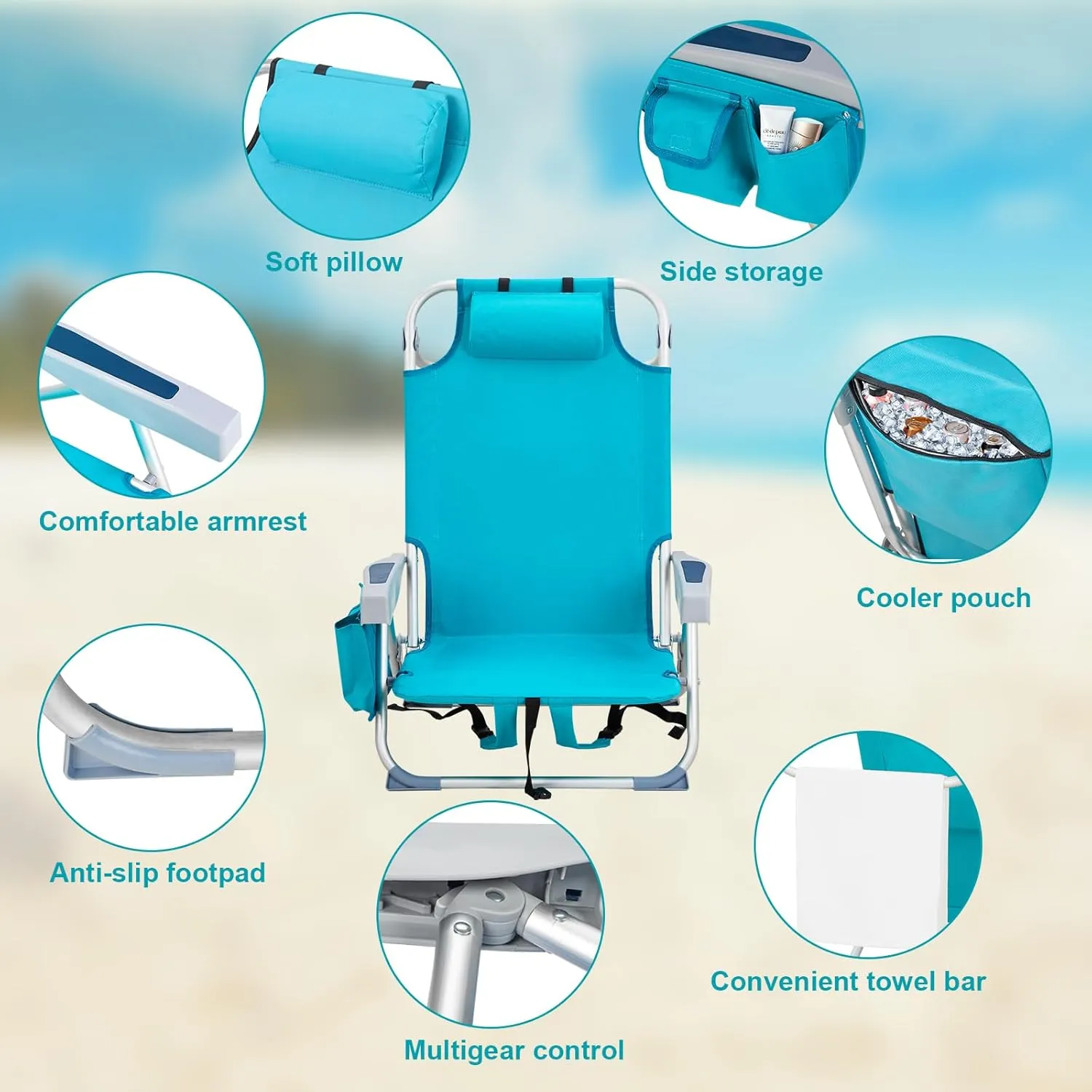 Portable Folding Beach Chair Oxford Cloth Aluminum Tube Back Adjustable Low Profile Camping Chair for Outdoor Adventures Picnic, Beach Trips,Fishing,Garden (Mint Green)