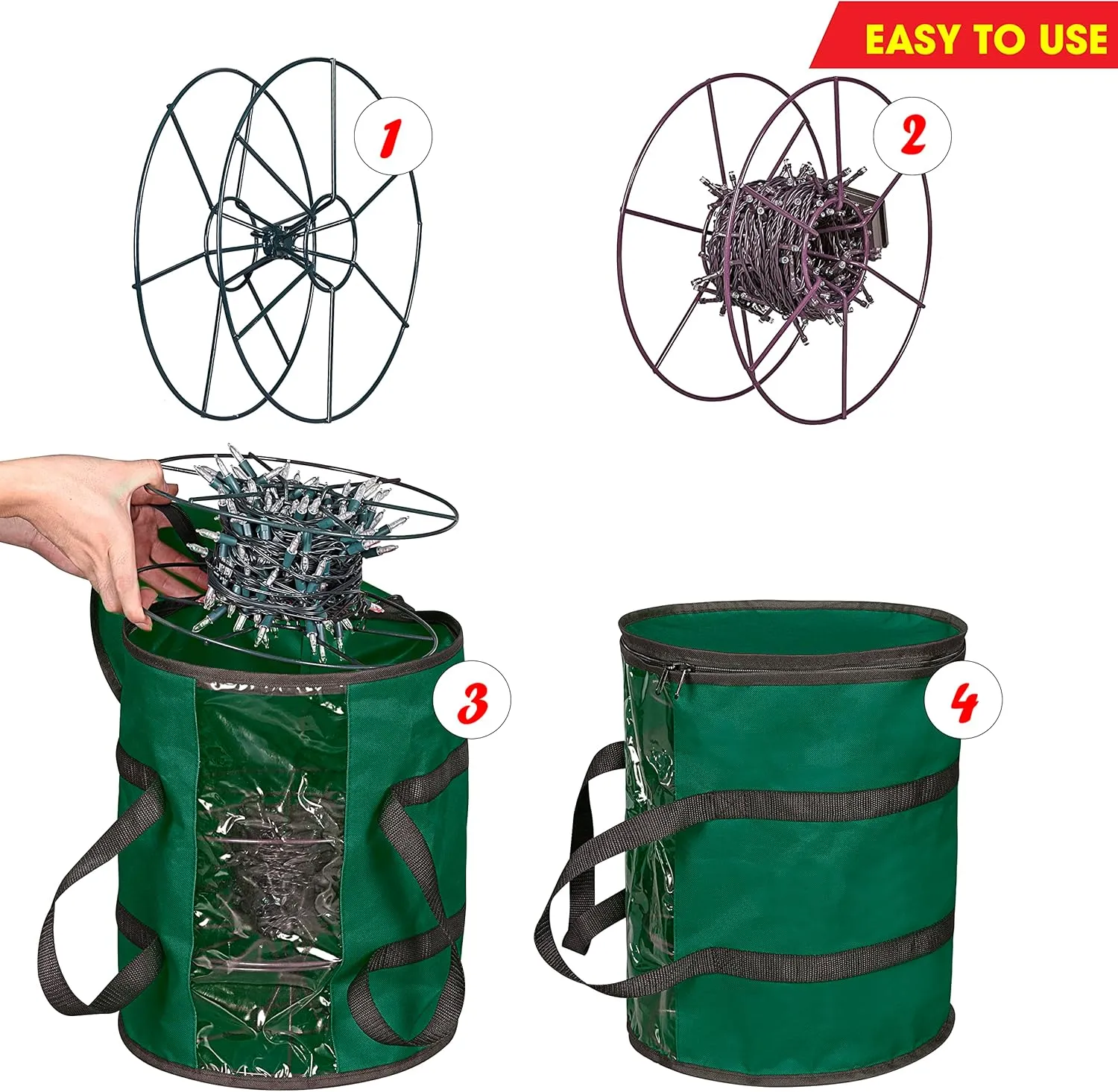 ProPik Christmas Light storage Bag | Holiday Light Storage Organizer with 3 Metal Reels for Tree Lights & Extension Cords Constructed of Durable 600D Oxford Material with Clear PVC Window (Green)