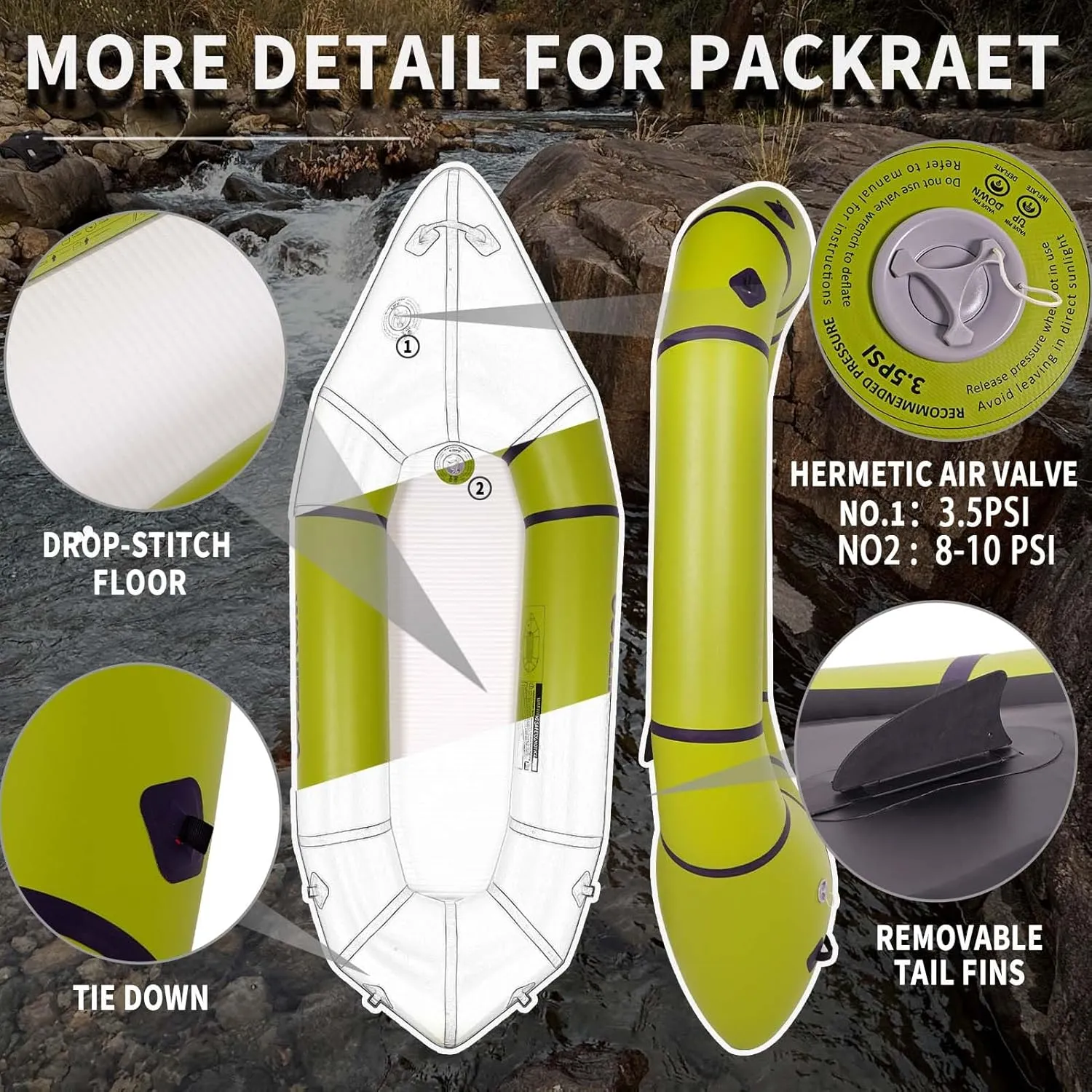 PVC Packrafts,1 Person Packraft for Flat Water Rafting Camping Trip/Fishing/Water Adventures, Travel Kayak with Two-Way Manual Pump, 300lb Weight Capacity