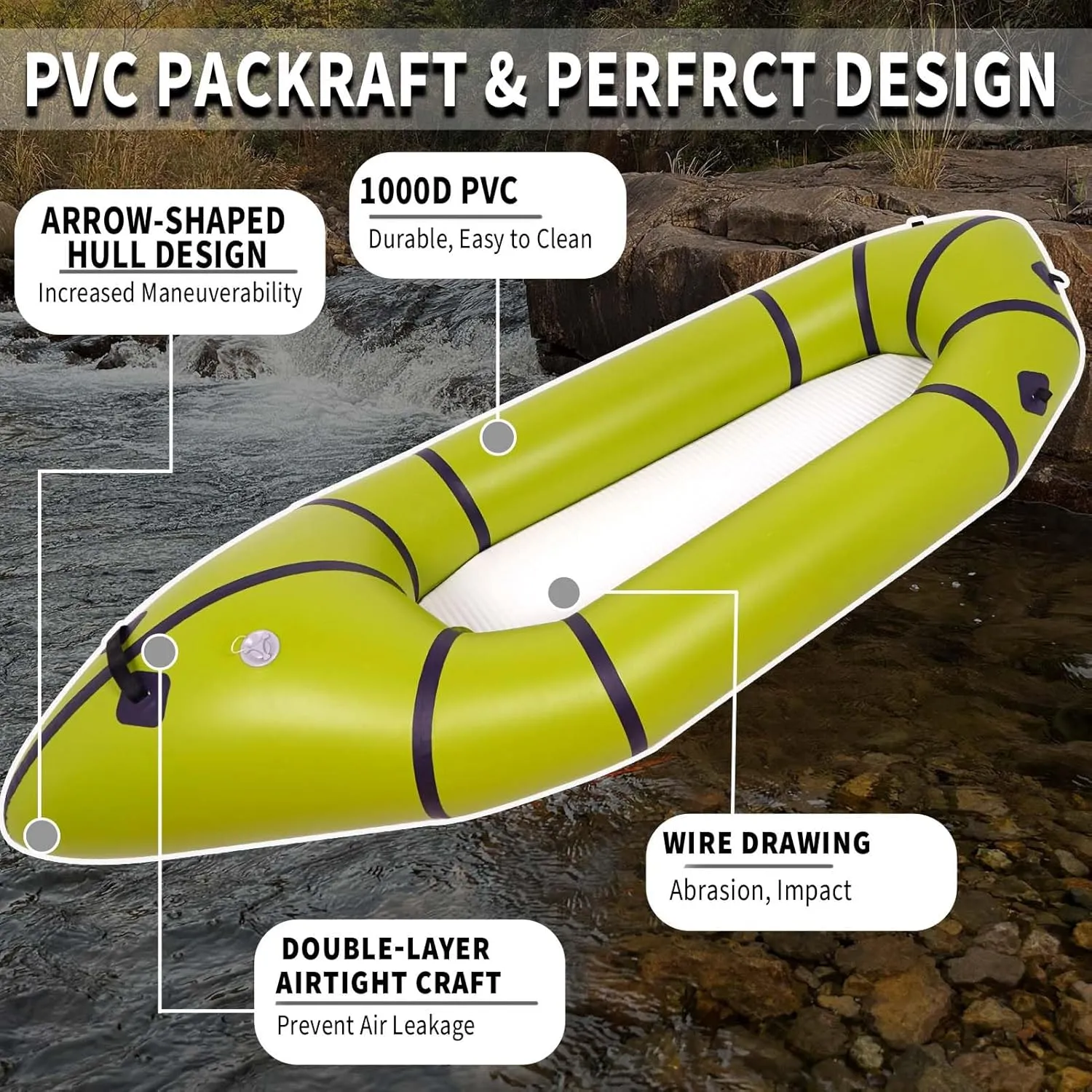 PVC Packrafts,1 Person Packraft for Flat Water Rafting Camping Trip/Fishing/Water Adventures, Travel Kayak with Two-Way Manual Pump, 300lb Weight Capacity