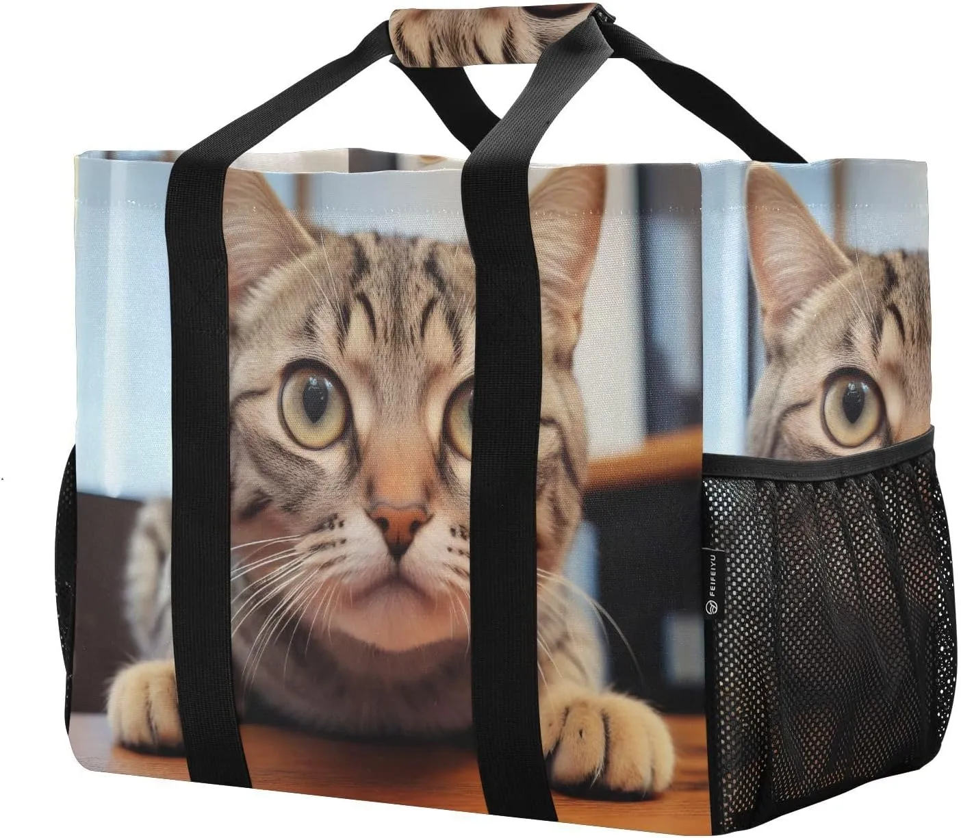 Reusable Grocery Bags Foldable Curious Cat Shopping Bags, Heavy Duty Grocery Bags with Reinforced Bottom & Handles