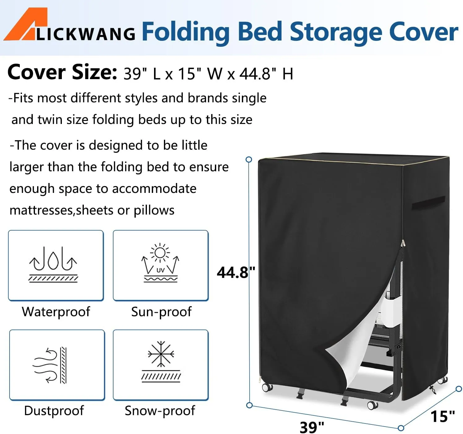 Rollaway Bed Storage Cover,Heavy Duty Durable 600D Waterproof Dustproof Foldable Bed Cover,Fold Up Beds Storage Cover with Zipper, Fits Adults Twin Size Rollaway Beds,39"L x 15"W x 44.8"H