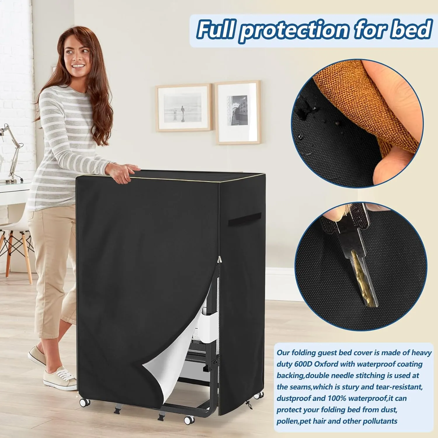 Rollaway Bed Storage Cover,Heavy Duty Durable 600D Waterproof Dustproof Foldable Bed Cover,Fold Up Beds Storage Cover with Zipper, Fits Adults Twin Size Rollaway Beds,39"L x 15"W x 44.8"H