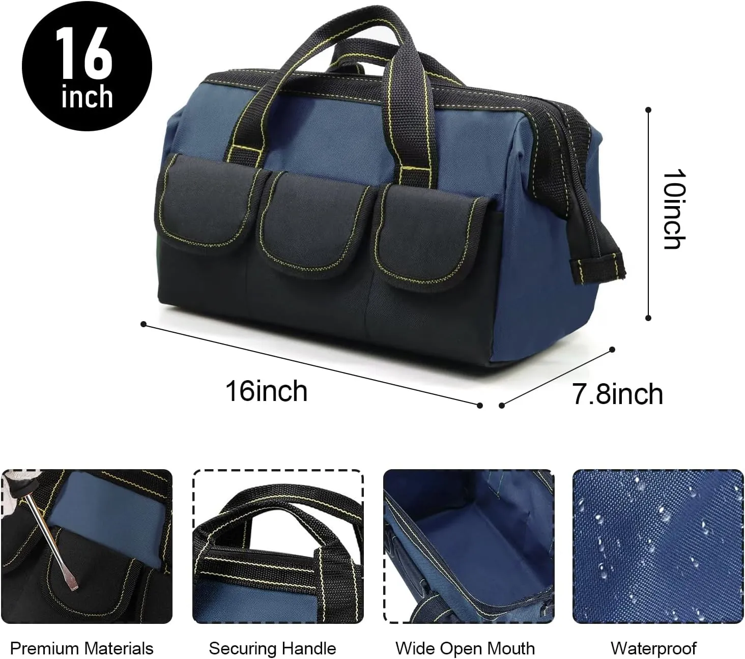 Rugged 16-Inch Wide Mouth Tool Bag for Professionals, Waterproof and Durable. Great for Construction Electricians Carpentry and DIY Enthusiasts, Blue