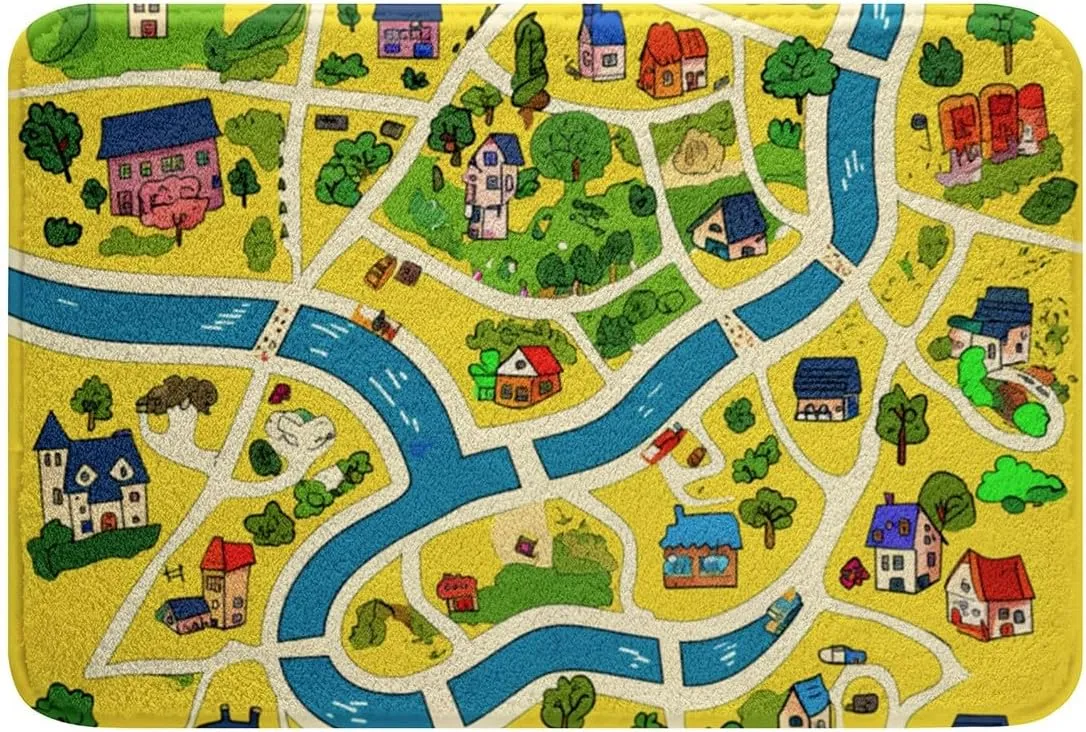 Rustic Countryside Bathroom Rugs Suburb House Tree River Hand Graffiti Non Slip Bath Mat for Bathtub Yellow Nature Roadway Landscape Shaggy Absorbent Floor Mat Doormats Floor Mat 16"x24"