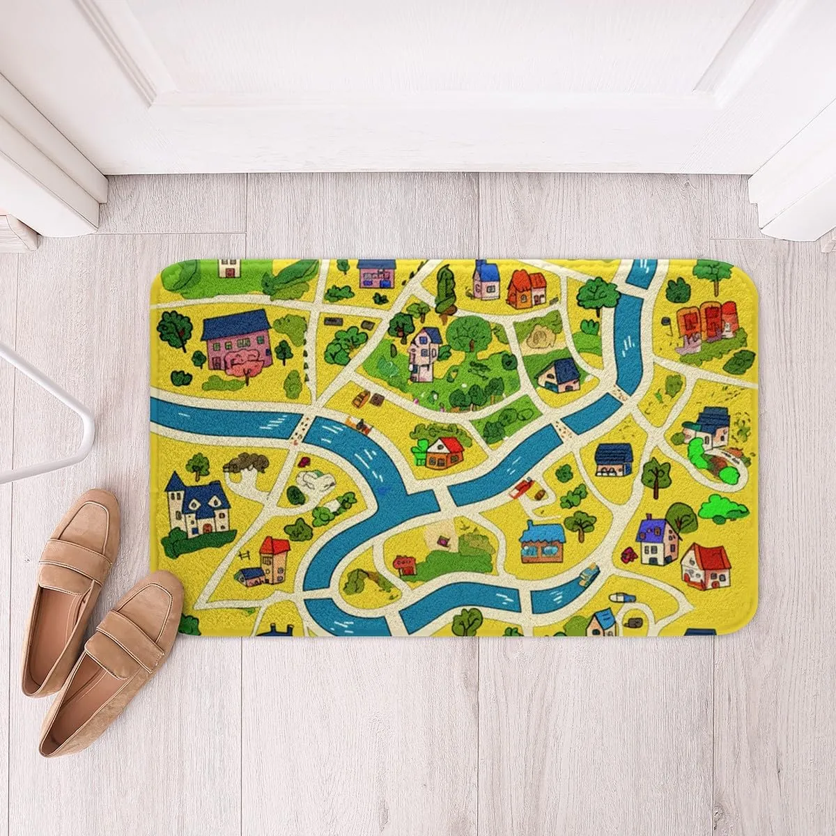 Rustic Countryside Bathroom Rugs Suburb House Tree River Hand Graffiti Non Slip Bath Mat for Bathtub Yellow Nature Roadway Landscape Shaggy Absorbent Floor Mat Doormats Floor Mat 16"x24"