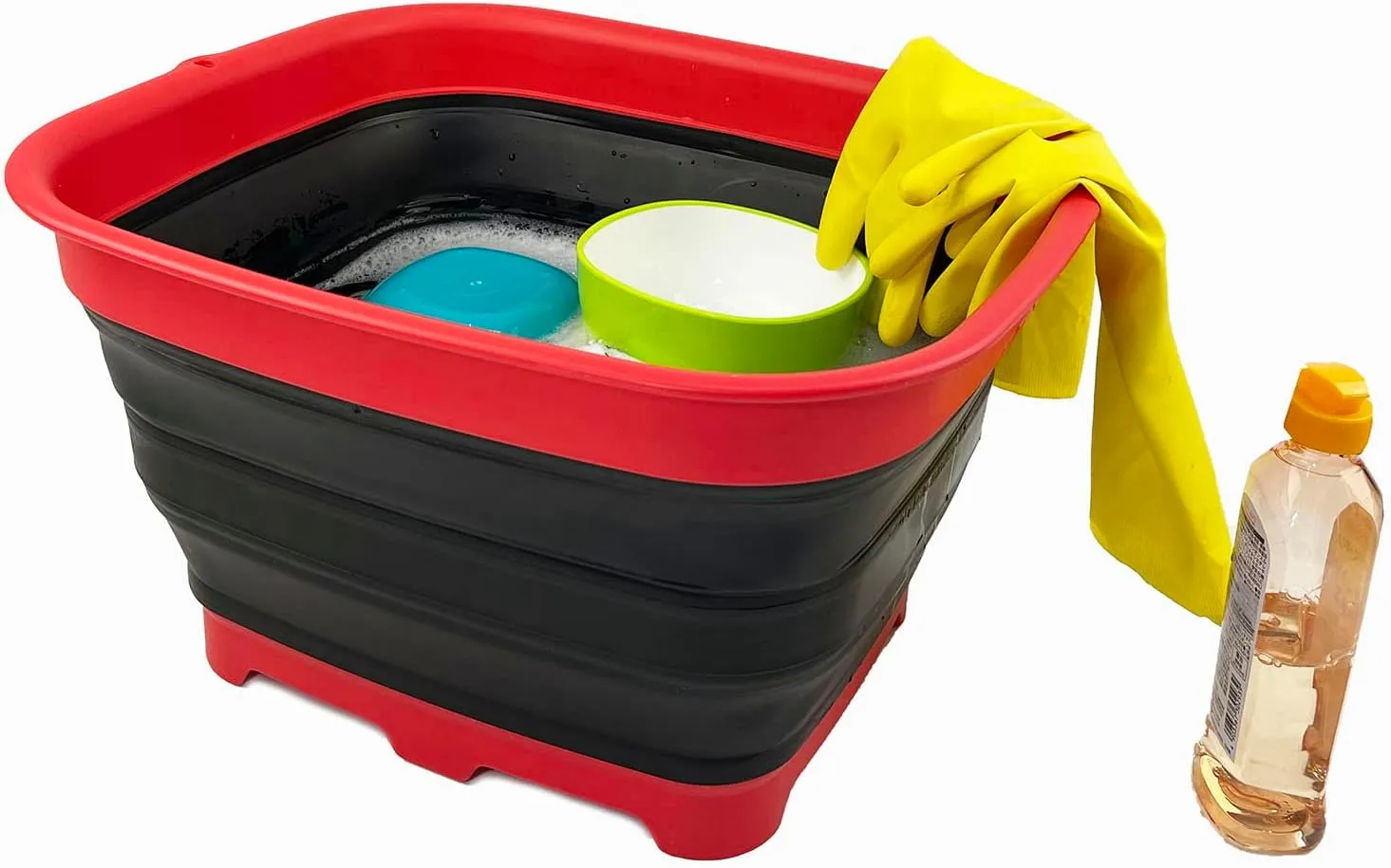 SAMMART 15L (3.9 Gallon) Collapsible Dishpan with Draining Plug - Foldable Washing Basin - Portable Dish Washing Tub - Camping & Space Saving Kitchen Storage Tray (Vermeil/Black (Set of 2))