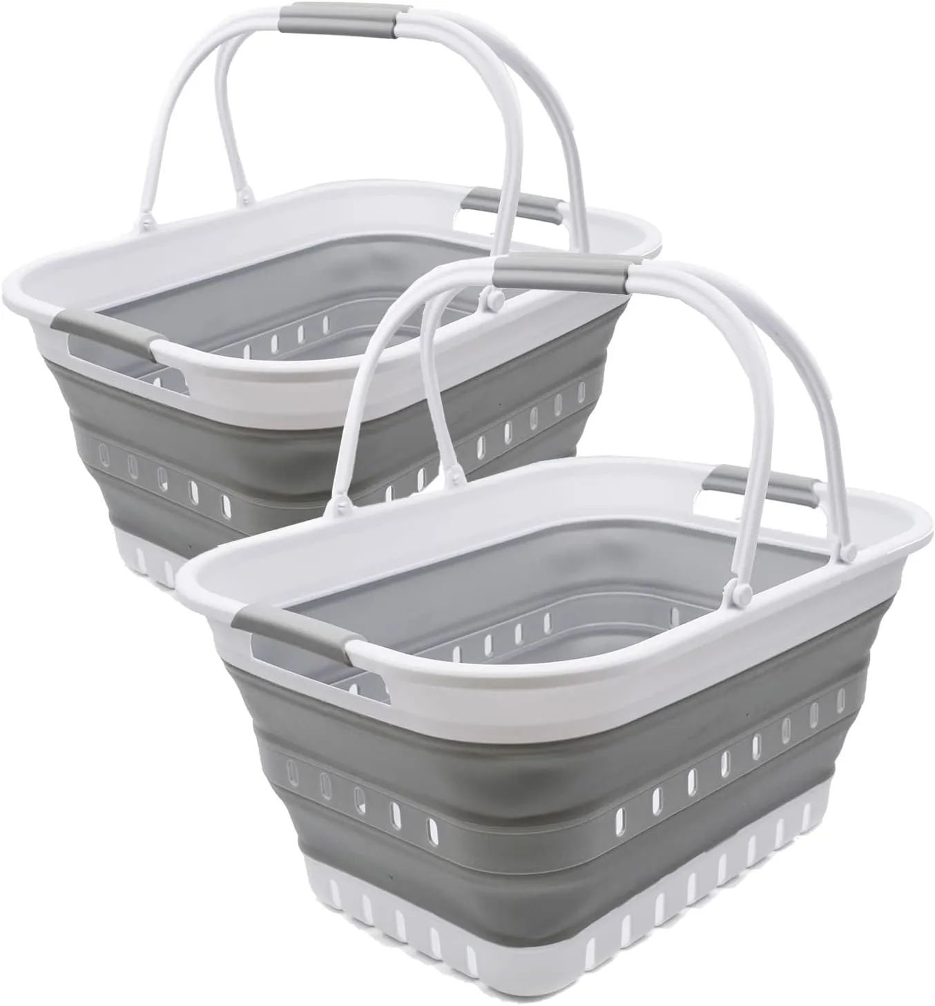 SAMMART 29L (7.6 Gallon) Collapsible Tub with Handle - Portable Outdoor Picnic Basket/Crater - Foldable Shopping Bag - Space Saving Storage Container (White/Grey (Set of 2), 2)