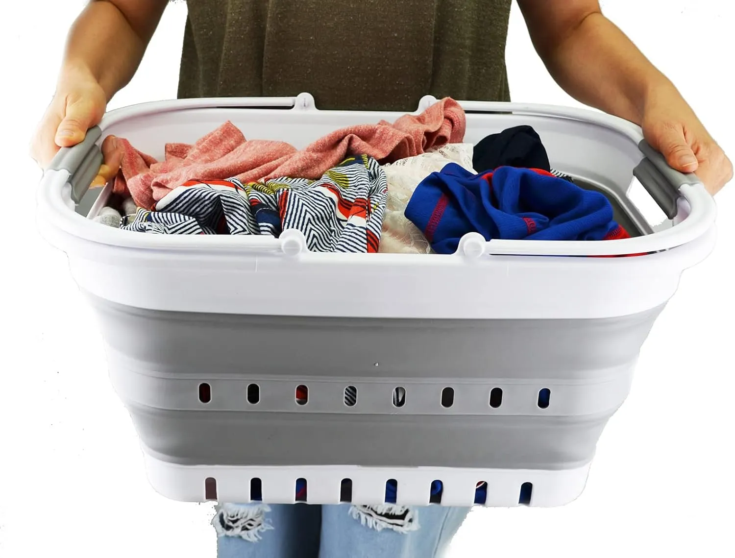 SAMMART 29L (7.6 Gallon) Collapsible Tub with Handle - Portable Outdoor Picnic Basket/Crater - Foldable Shopping Bag - Space Saving Storage Container (White/Grey (Set of 2), 2)