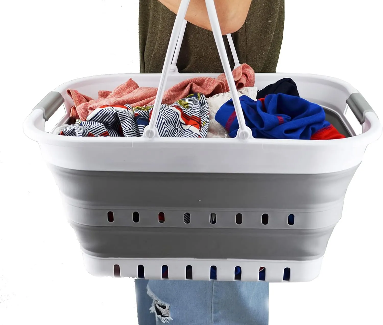 SAMMART 29L (7.6 Gallon) Collapsible Tub with Handle - Portable Outdoor Picnic Basket/Crater - Foldable Shopping Bag - Space Saving Storage Container (White/Grey (Set of 2), 2)
