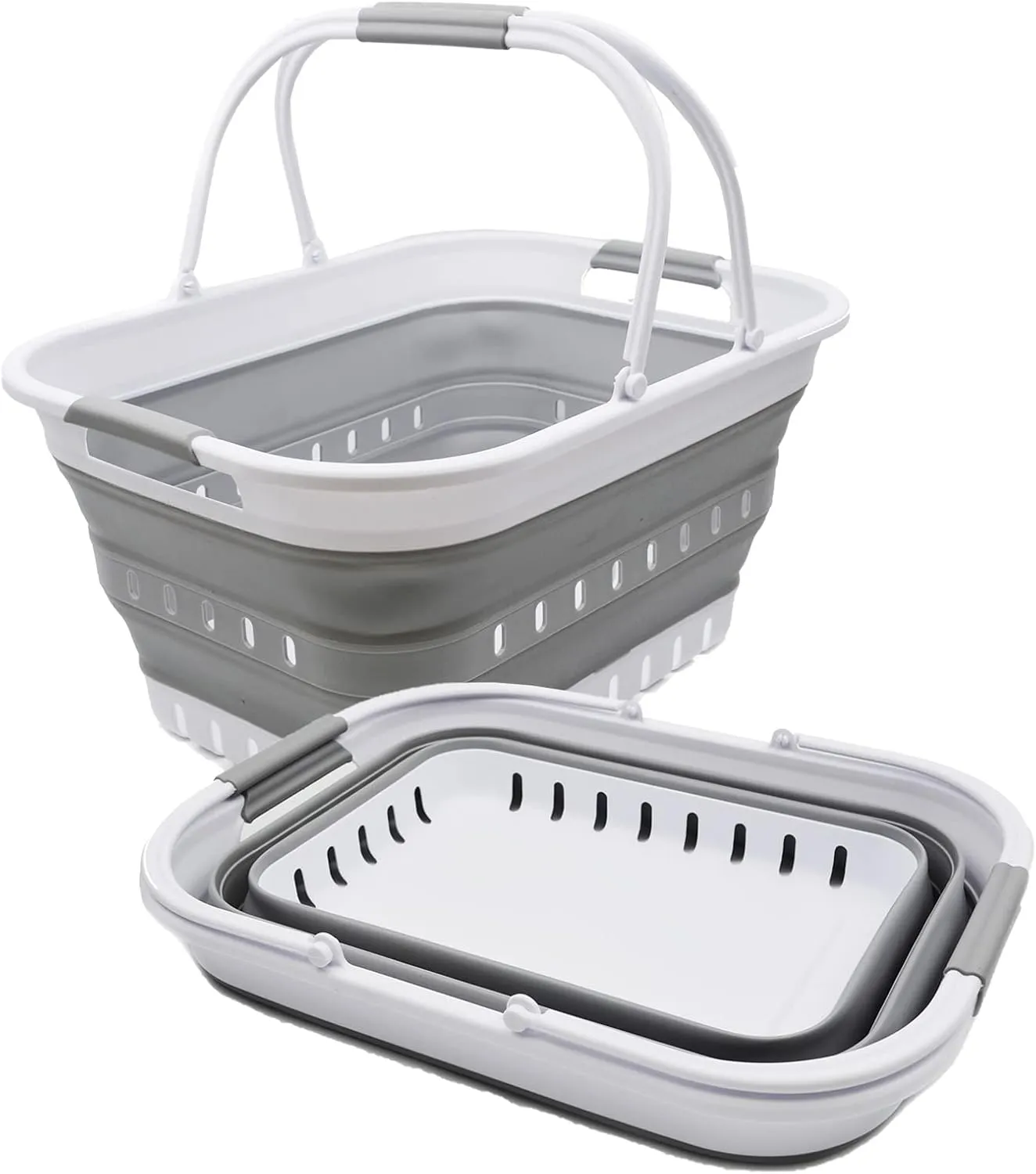 SAMMART 29L (7.6 Gallon) Collapsible Tub with Handle - Portable Outdoor Picnic Basket/Crater - Foldable Shopping Bag - Space Saving Storage Container (White/Grey (Set of 2), 2)