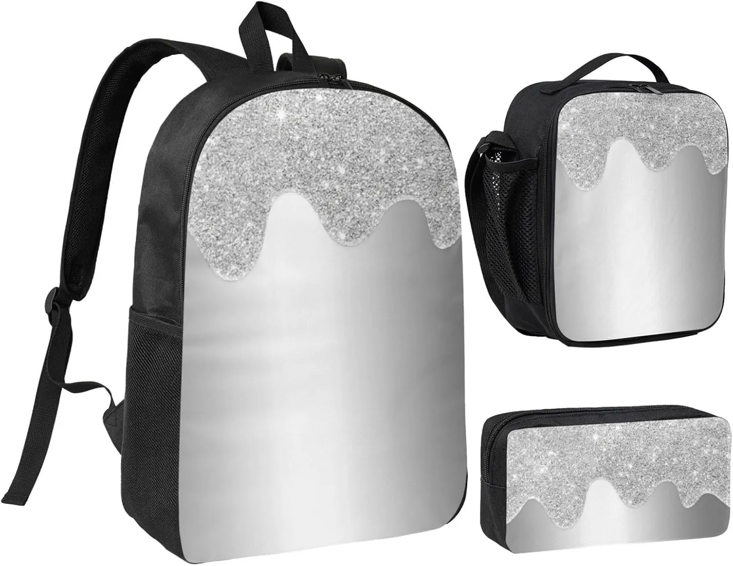 Silver Glitter Drips Metallic Gray 3-Piece Backpack Set – Lightweight backpack, Insulated Lunch Bag & Pencil Case, Durable Oxford for Travel/Work