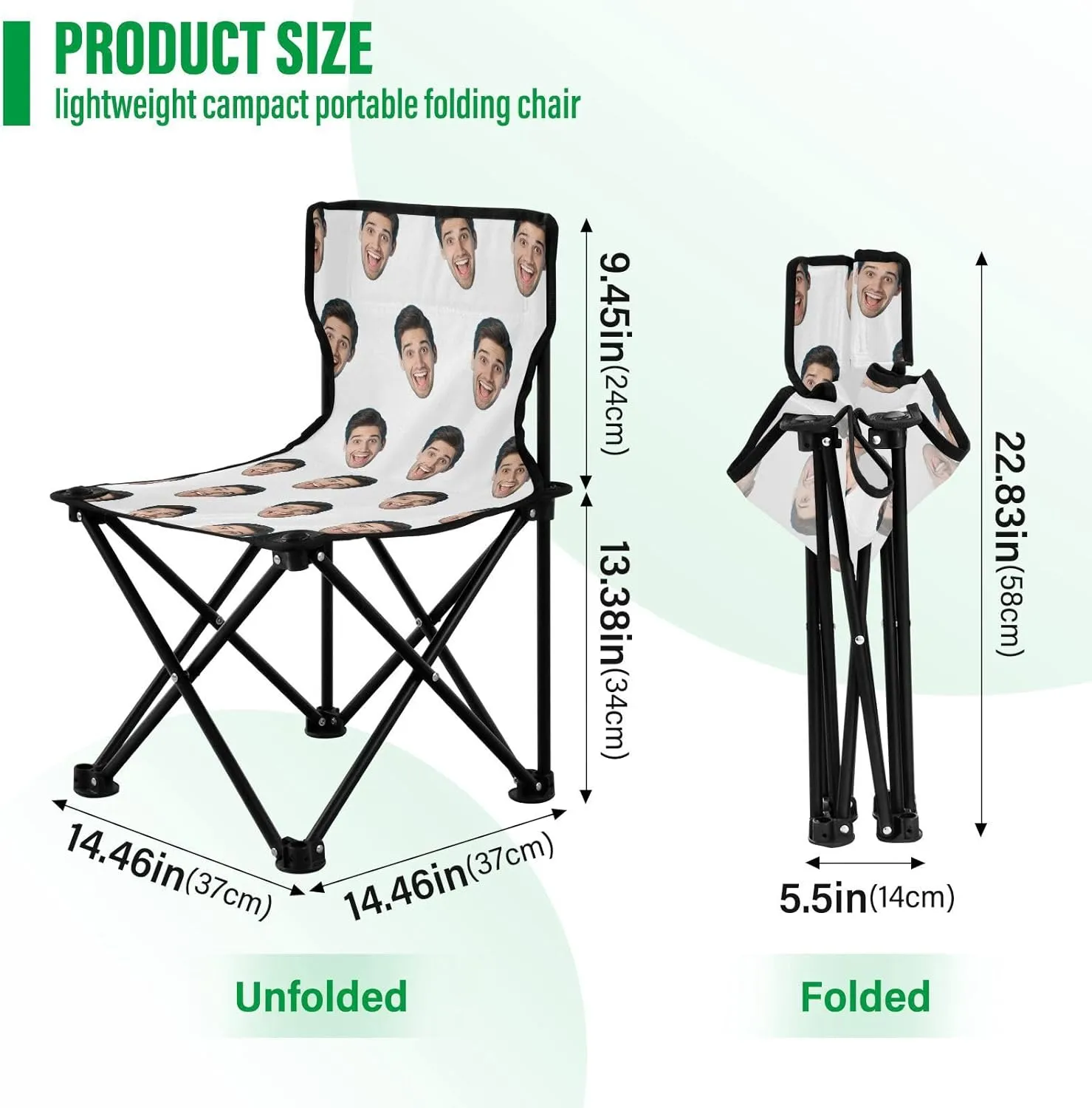 Sinestour White Custom Folding Camping Chair Personalized Photo Face Outdoor Chair with Carry Bag for Travel Barbeques Picnic