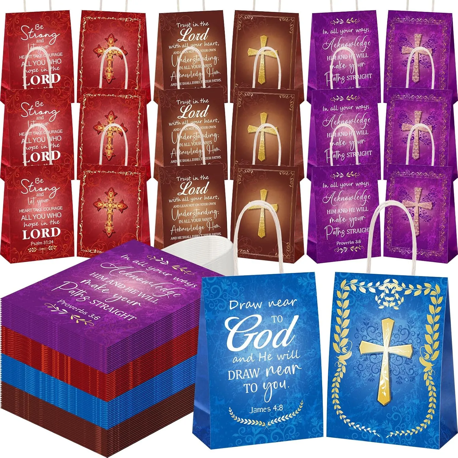 Sinload 100 Pcs Christian Gift Bags Fathers Day Religious Paper Welcome Bags for Church Visitors Inspirational Bible Verse Gift Wrap Bulk with Handle for Dad Men Baptism First Communion Sunday School
