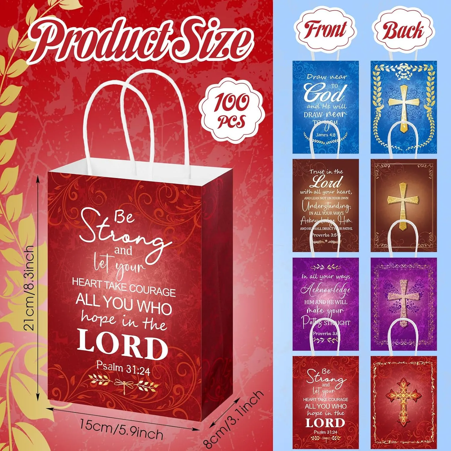 Sinload 100 Pcs Christian Gift Bags Fathers Day Religious Paper Welcome Bags for Church Visitors Inspirational Bible Verse Gift Wrap Bulk with Handle for Dad Men Baptism First Communion Sunday School