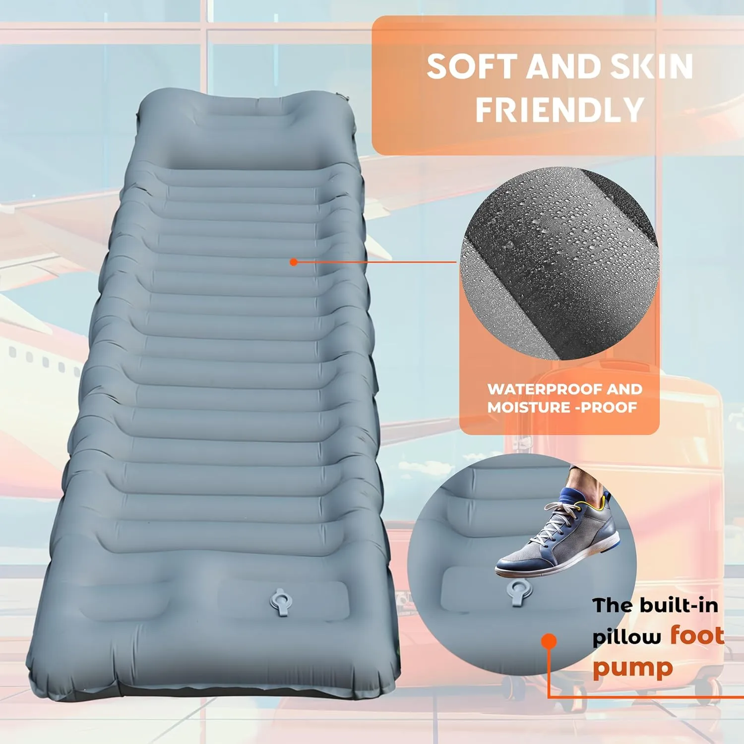 Skywin Inflatable Sleeping Pads for Camping & Airport Travels, 77 x 26 x 5 Inches Air Mattress Sleeping Bag Inflatable with 8" HeadRest Along with Pillow-Like HeadRest Camping Essentials (Grey)