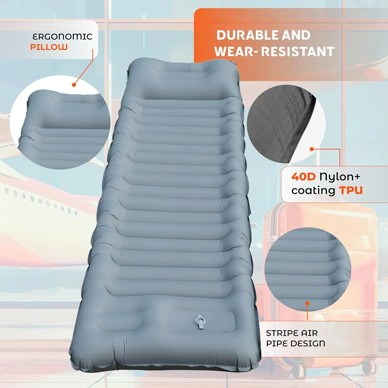 Skywin Inflatable Sleeping Pads for Camping & Airport Travels, 77 x 26 x 5 Inches Air Mattress Sleeping Bag Inflatable with 8" HeadRest Along with Pillow-Like HeadRest Camping Essentials (Grey)