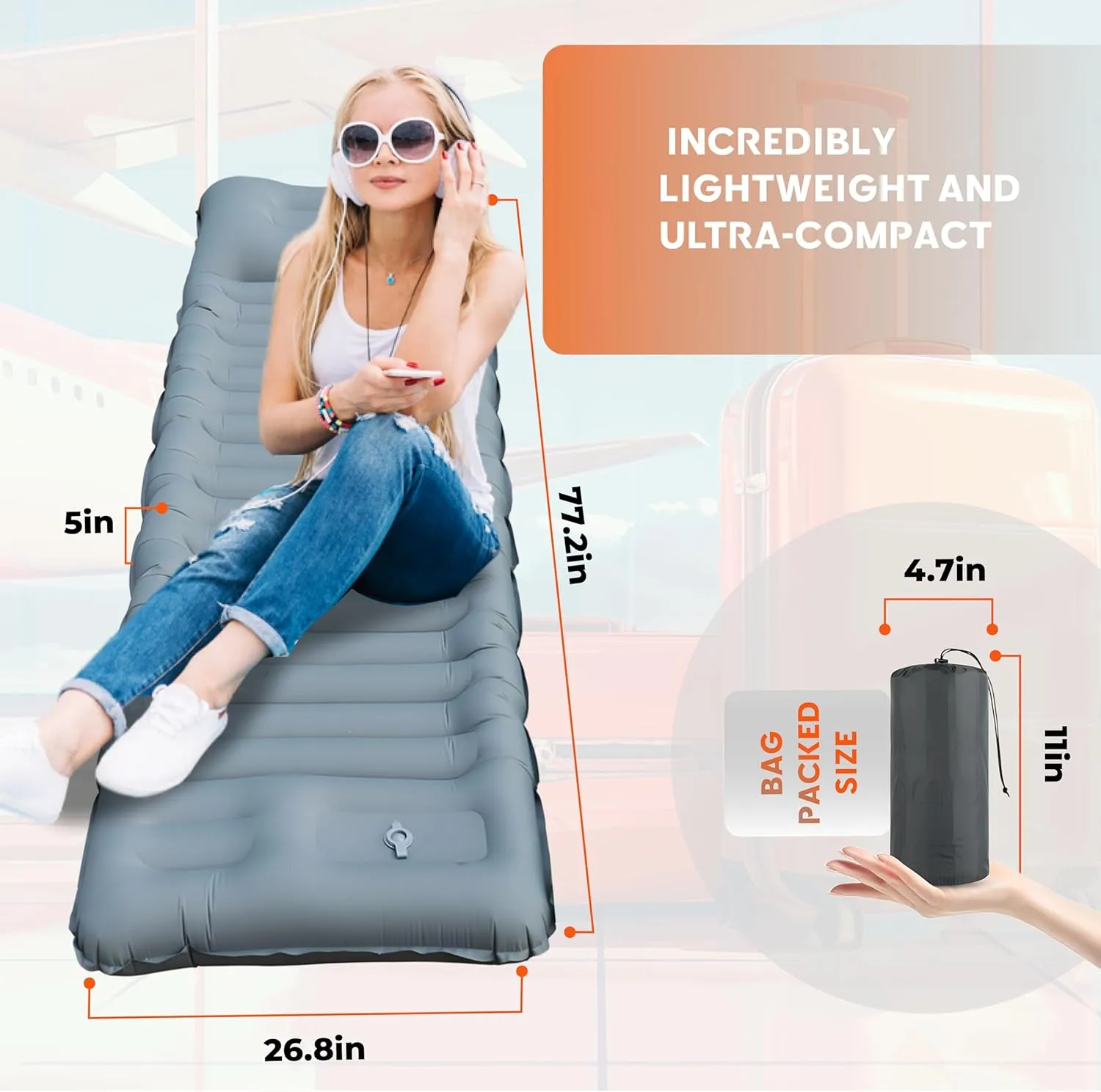 Skywin Inflatable Sleeping Pads for Camping & Airport Travels, 77 x 26 x 5 Inches Air Mattress Sleeping Bag Inflatable with 8" HeadRest Along with Pillow-Like HeadRest Camping Essentials (Grey)