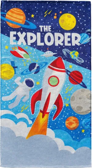 Space Beach Towel for Kids 28” x 51”– 100% Cotton, Fiber Reactive Print – Rocket & Planet Design – Soft Velour Front, Terry Back (The Explorer, 1 Towel 28"x 51")