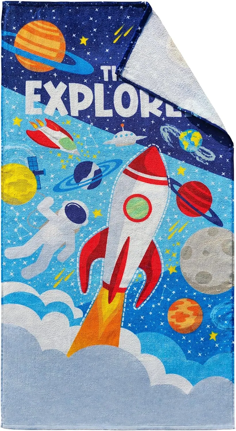 Space Beach Towel for Kids 28” x 51”– 100% Cotton, Fiber Reactive Print – Rocket & Planet Design – Soft Velour Front, Terry Back (The Explorer, 1 Towel 28"x 51")