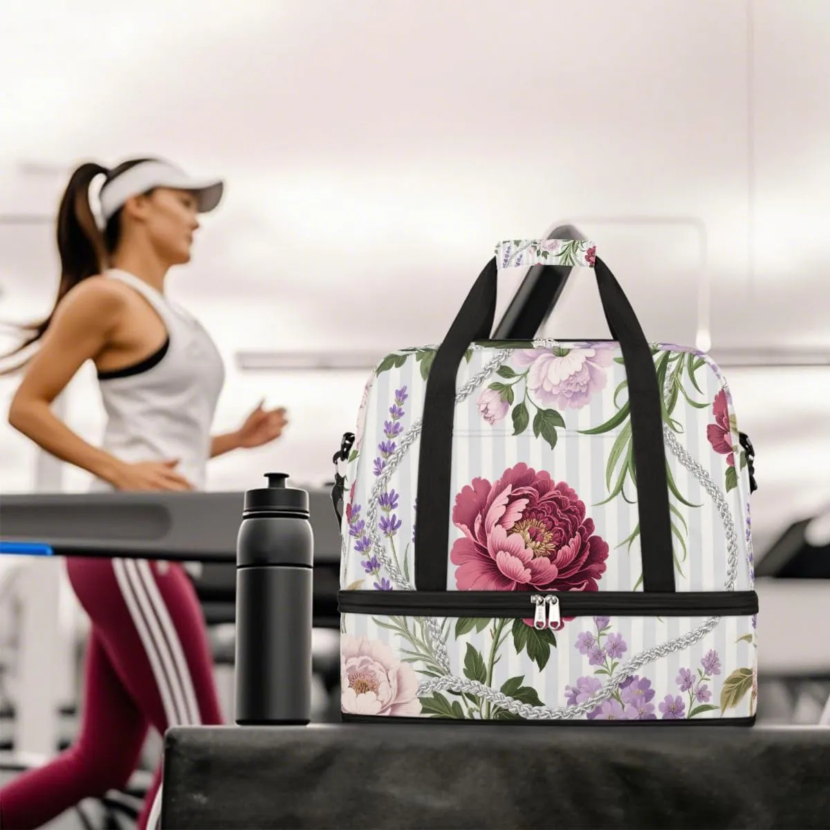 Sports Gym Bag Ethnic Style Peony Flat Large Travel Duffel Bag With Shoe Compartment Foldable Waterproof Carry-On Weekend Travel Bags for Camping Overnight Yoga Hospital Travel Bags
