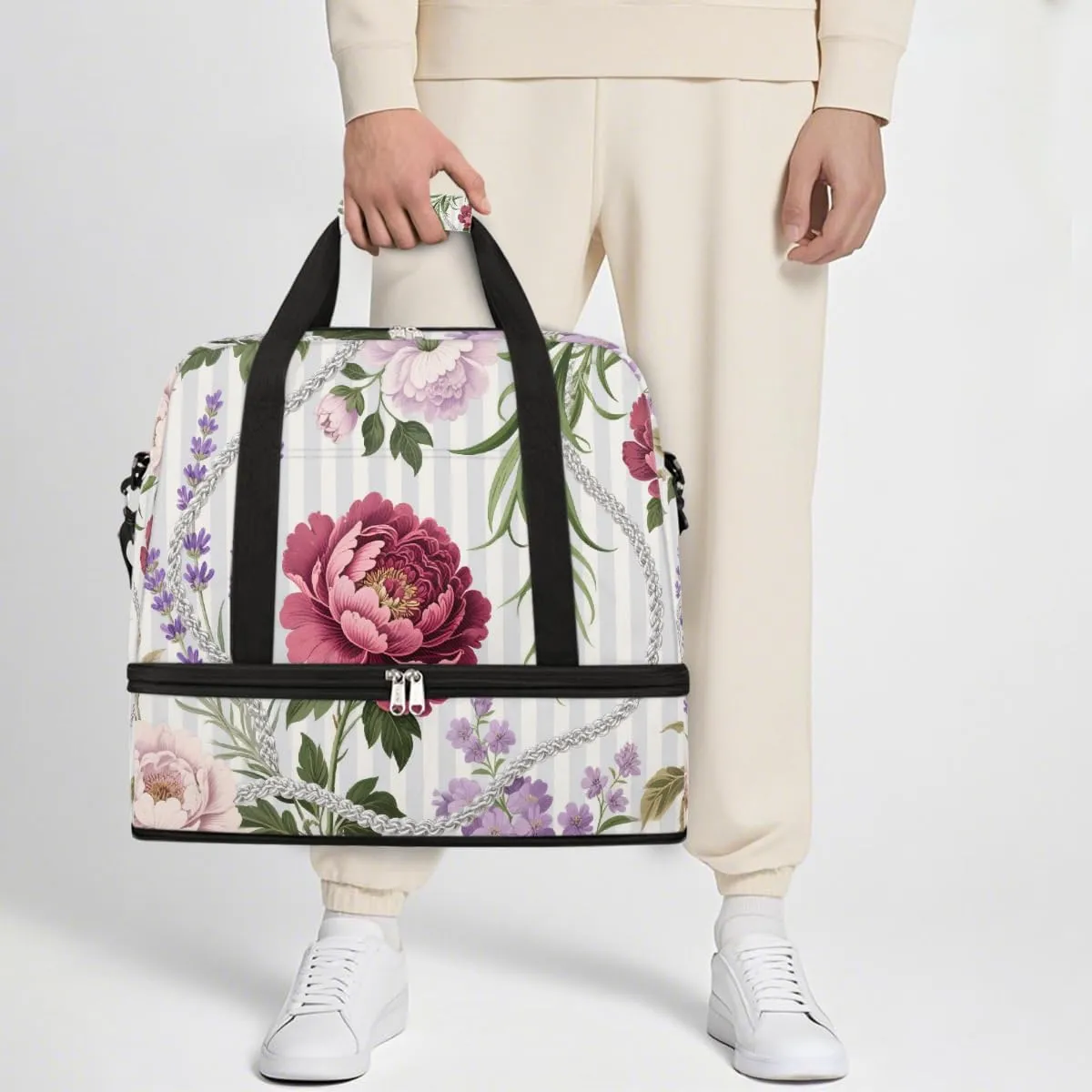 Sports Gym Bag Ethnic Style Peony Flat Large Travel Duffel Bag With Shoe Compartment Foldable Waterproof Carry-On Weekend Travel Bags for Camping Overnight Yoga Hospital Travel Bags