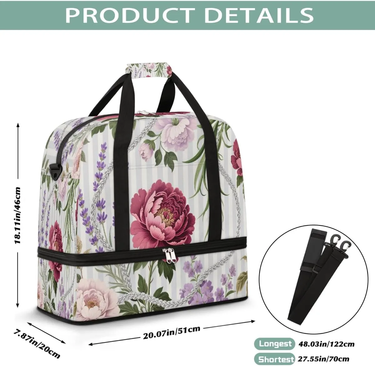 Sports Gym Bag Ethnic Style Peony Flat Large Travel Duffel Bag With Shoe Compartment Foldable Waterproof Carry-On Weekend Travel Bags for Camping Overnight Yoga Hospital Travel Bags